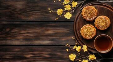 Delicious mooncakes and tea surrounded by yellow flowers on a rustic wooden table photo