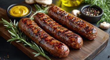 Grilled sausages served on a wooden board with fresh herbs and mushrooms in the background photo