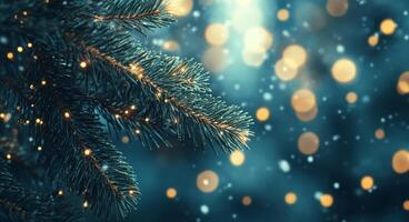 Beautifully decorated evergreen branches with warm lights and falling snowflakes in winter photo