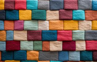 Colorful felt squares arranged in a vibrant patchwork pattern for crafting photo