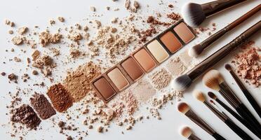 Makeup arrangement with neutral shades and tools on a white background for beauty enthusiasts photo