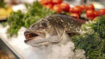 Fresh fish laid on ice with vibrant tomatoes and greens ready for culinary preparation photo