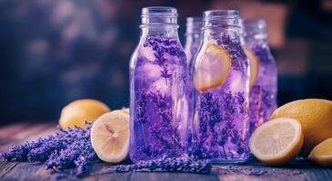 Refreshing lavender lemonade in glass bottles with lemon slices on a rustic wooden surface photo