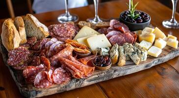 A well-arranged charcuterie board featuring assorted meats and cheeses on a wooden platter photo