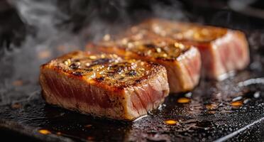 Sizzling tuna steaks being seared in a hot skillet on a restaurant kitchen stove photo