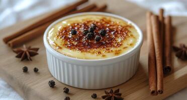 Delicious creme brulee topped with caramelized sugar and spices on a wooden board photo