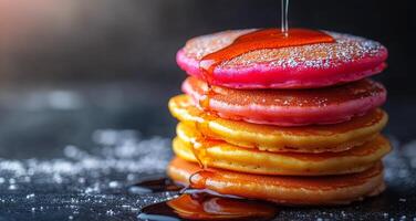 Colorful stack of pancakes drizzled with syrup on a dark background during breakfast preparation photo
