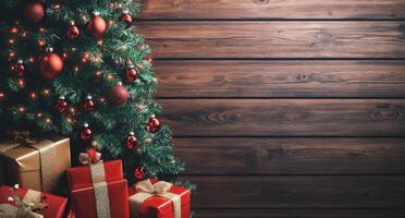 Festively decorated Christmas tree with red ornaments and wrapped gifts in a cozy wooden setting photo