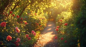 Blossoming roses line a sunlit garden path in the early evening light photo