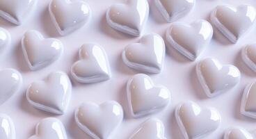 Glossy white heart-shaped decorations arranged neatly on a soft background for festive occasions photo