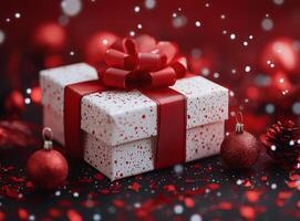 Festively wrapped gift box with red ribbon and confetti on a vibrant red background photo