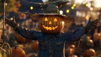 A Halloween-inspired scarecrow with a carved pumpkin head stands in a colorful autumn field photo
