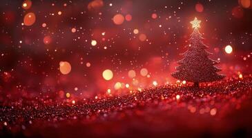 A vibrant red background showcases shimmering Christmas tree branches adorned with bright ornaments photo