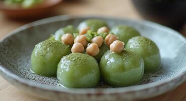Delicious matcha mochi balls topped with chickpeas served on a decorative plate photo