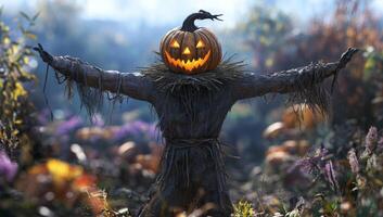 A Halloween-inspired scarecrow with a carved pumpkin head stands in a colorful autumn field photo