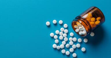 White pills spilled from an overturned bottle on a light blue background photo