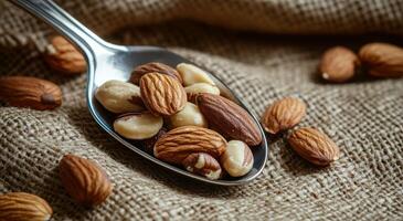 Mixed nuts on a wooden spoon arranged on burlap fabric background in natural lighting photo
