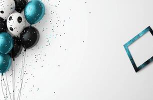 Colorful balloons and confetti with an empty frame on a white background for party decorations photo