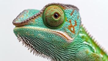 A close-up view of a vibrant green lizard showcasing its detailed scales and eyes photo