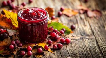 Homemade cranberry jam jar surrounded by fresh cranberries and autumn leaves on a wooden table photo