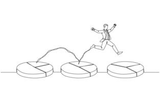 Continuous one line drawing of businessman jumping on pie chart with increasing proportion, gaining more market share, development in business competition concept, single line art. vector