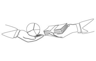 Continuous one line drawing of businessman buying pie chart of stock holdings from shareholder, Purchasing shares to increase proportion of shareholding in company concept, single line art. vector