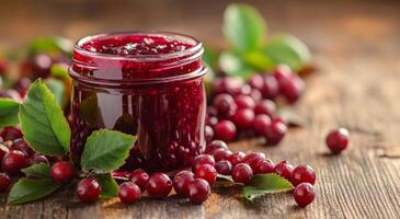 Homemade cranberry jam jar surrounded by fresh cranberries and autumn leaves on a wooden table photo