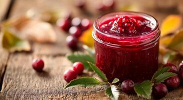 Homemade cranberry jam jar surrounded by fresh cranberries and autumn leaves on a wooden table photo