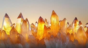 Golden quartz crystals illuminated by sunlight against a dramatic sky in a natural setting photo