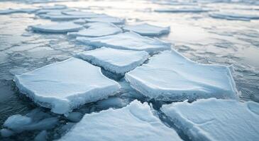 Cracked ice formations on a frozen lake during winter's twilight photo