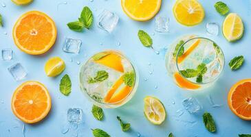 Brightly colored citrus fruits and refreshing drinks on a blue background with ice cubes photo