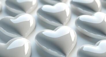 Glossy white heart-shaped decorations arranged neatly on a soft background for festive occasions photo