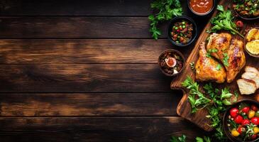 Festive dinner setting with roast chicken, sides, and decorations on a wooden table photo