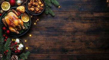 Festive dinner setting with roast chicken, sides, and decorations on a wooden table photo