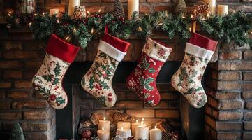 Cozy Christmas stockings hanging by a rustic fireplace adorned with candles and pinecones photo