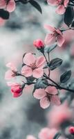 Delicate pink cherry blossoms blooming on branches in a serene garden during springtime photo