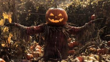 A Halloween-inspired scarecrow with a carved pumpkin head stands in a colorful autumn field photo