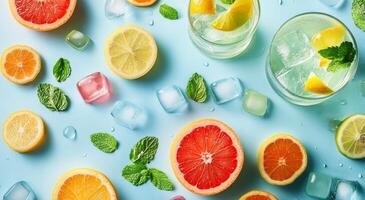 Brightly colored citrus fruits and refreshing drinks on a blue background with ice cubes photo