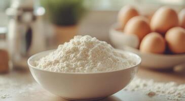 Bowl of flour and fresh eggs prepare for baking at a cozy kitchen counter photo