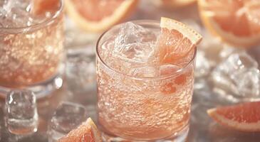 Refreshing summer grapefruit cocktails served over ice with fresh fruit garnish photo