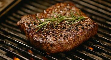 Grilled steak topped with fresh rosemary on a barbecue grill during a summer evening cookout photo