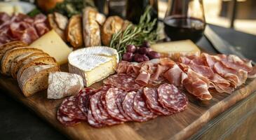 A well-arranged charcuterie board featuring assorted meats and cheeses on a wooden platter photo