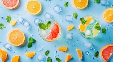 Brightly colored citrus fruits and refreshing drinks on a blue background with ice cubes photo