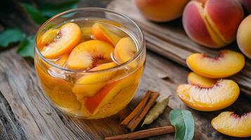 Refreshing peach slices in syrup with cinnamon on a rustic wooden surface in warm light photo