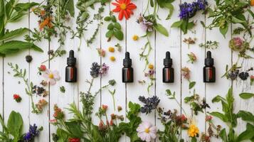 Herbal essence bottles surrounded by fresh flowers and herbs on a wooden table in natural light photo