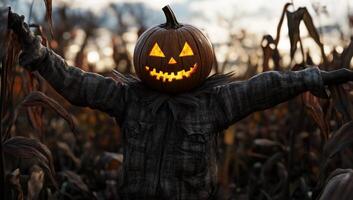A Halloween-inspired scarecrow with a carved pumpkin head stands in a colorful autumn field photo