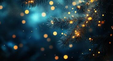 Beautifully decorated evergreen branches with warm lights and falling snowflakes in winter photo