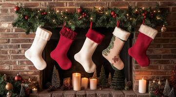 Cozy Christmas stockings hanging by a rustic fireplace adorned with candles and pinecones photo