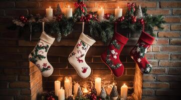 Cozy Christmas stockings hanging by a rustic fireplace adorned with candles and pinecones photo
