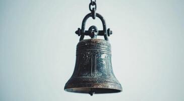 Rustic bronze bell hanging from a branch with blurred background of autumn leaves during daylight photo